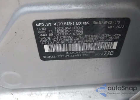 2022 Mitsubishi Mirage Es/Le z USA, uszkodzony, nr VIN ML32AUHJ3NH008082